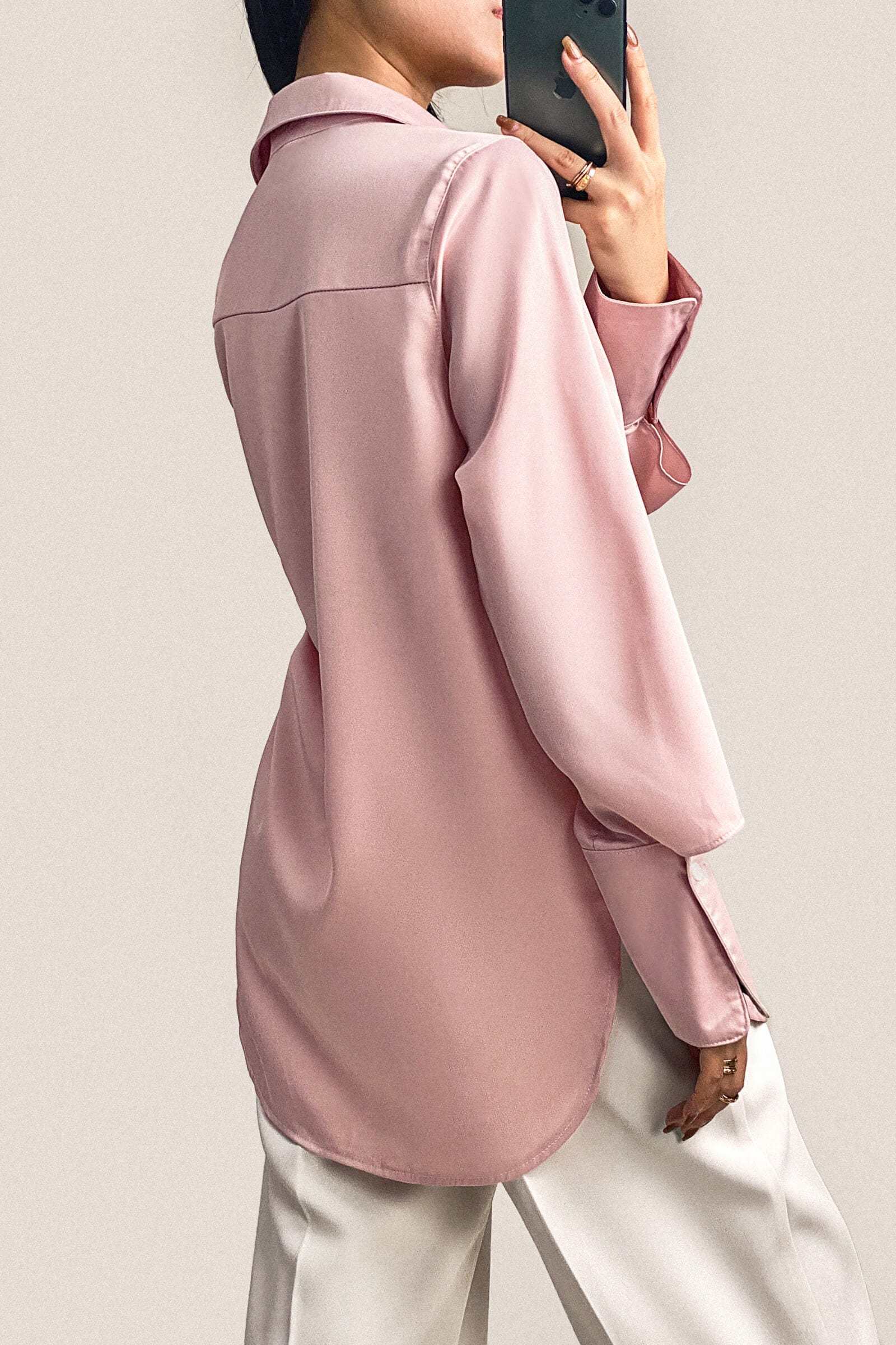Pink Button-Up Satin Work Shirt