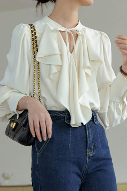 Beige Puffle Front Flounce-Trimmed Long Sleeve Blouse