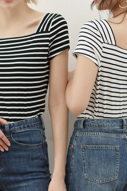 White Striped Square Neck T-Shirt