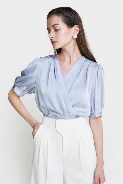 Light Steel Blue Surplice Neck Ruched Blouse
