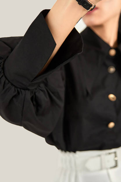 Black Pointed Collar Button Detail Lantern Sleeve Shirt