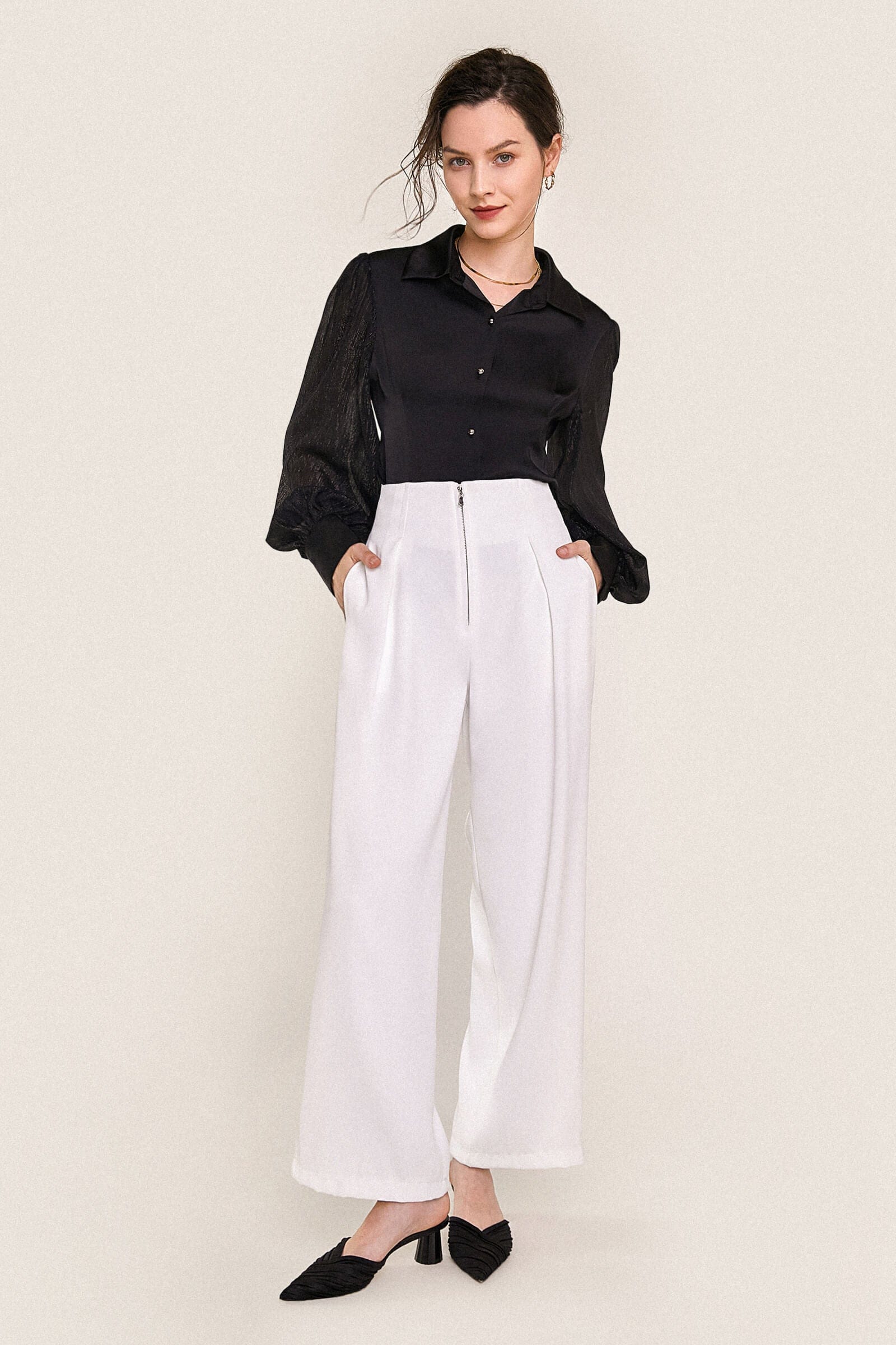 Black Button-Up Balloon Sleeve Satin Shirt