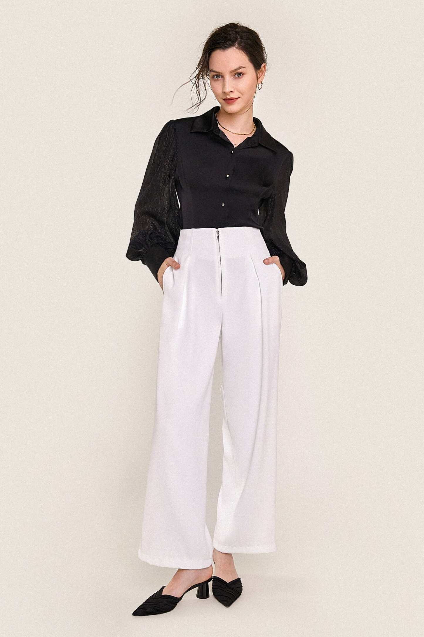 Black Button-Up Balloon Sleeve Satin Shirt