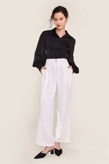 Black Button-Up Balloon Sleeve Satin Shirt