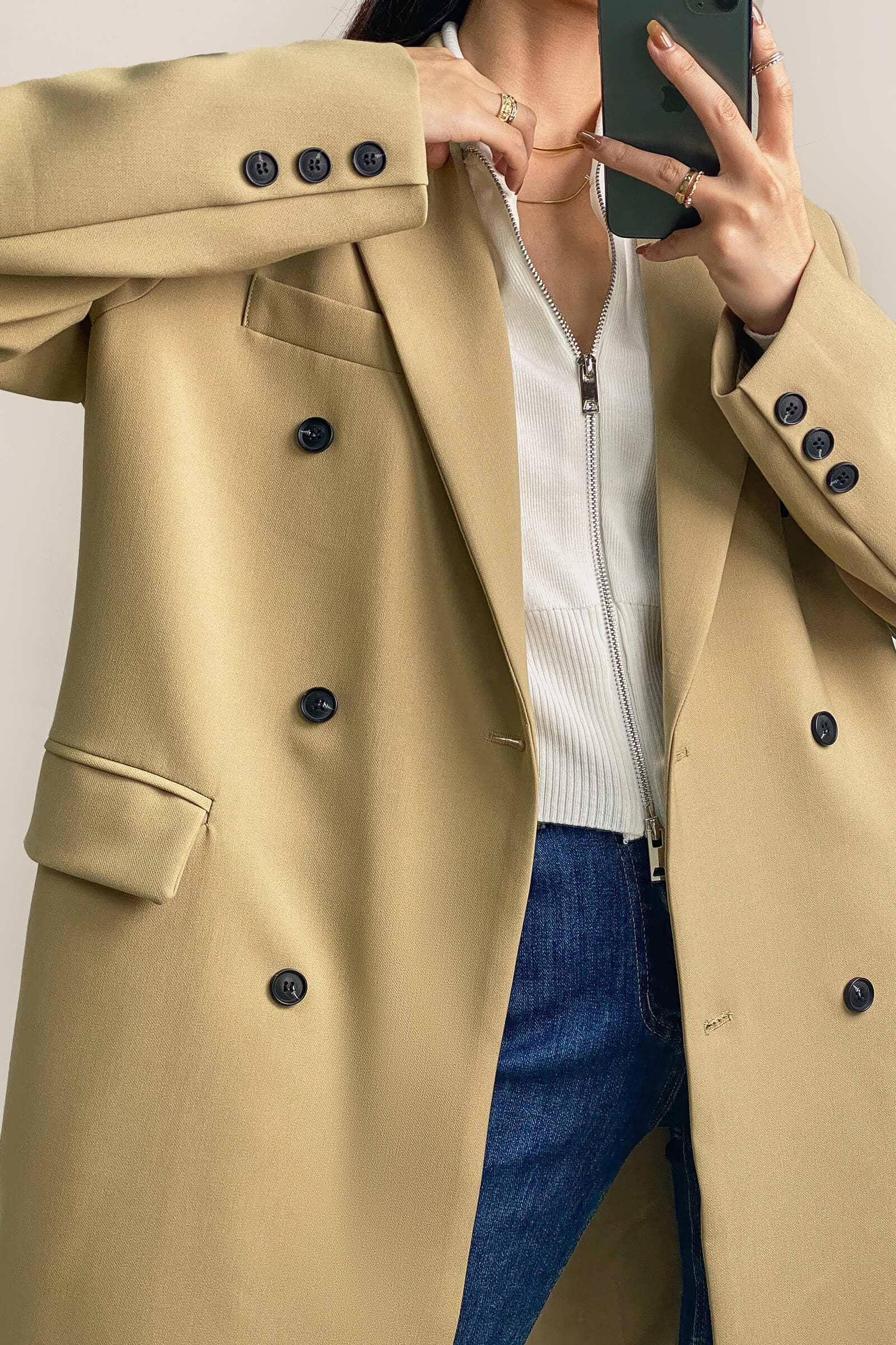 Khaki Padded Shoulder Double-Breasted Longline Coat
