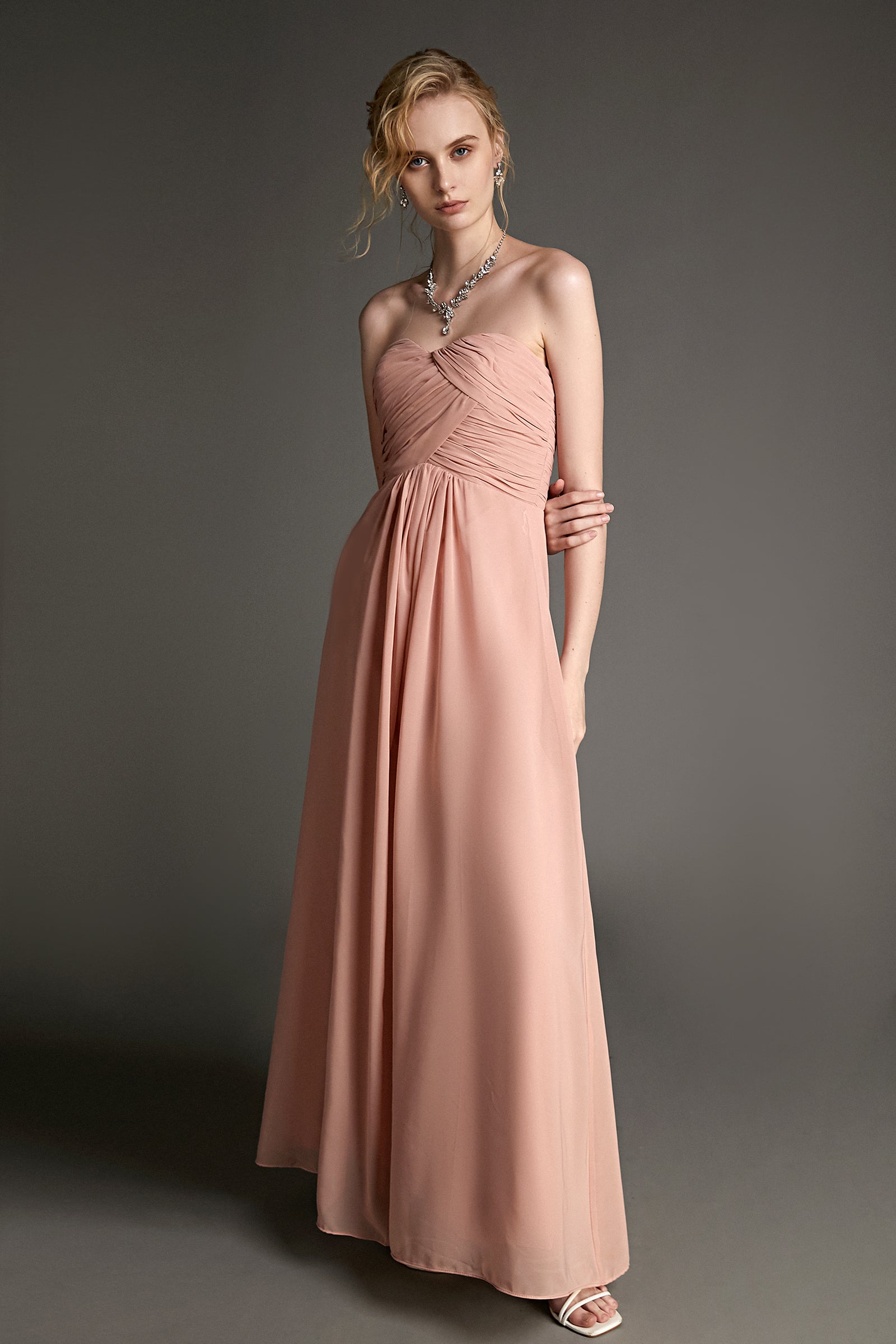 Pink Strapless Pleated Sweetheart Neck Maxi Dress