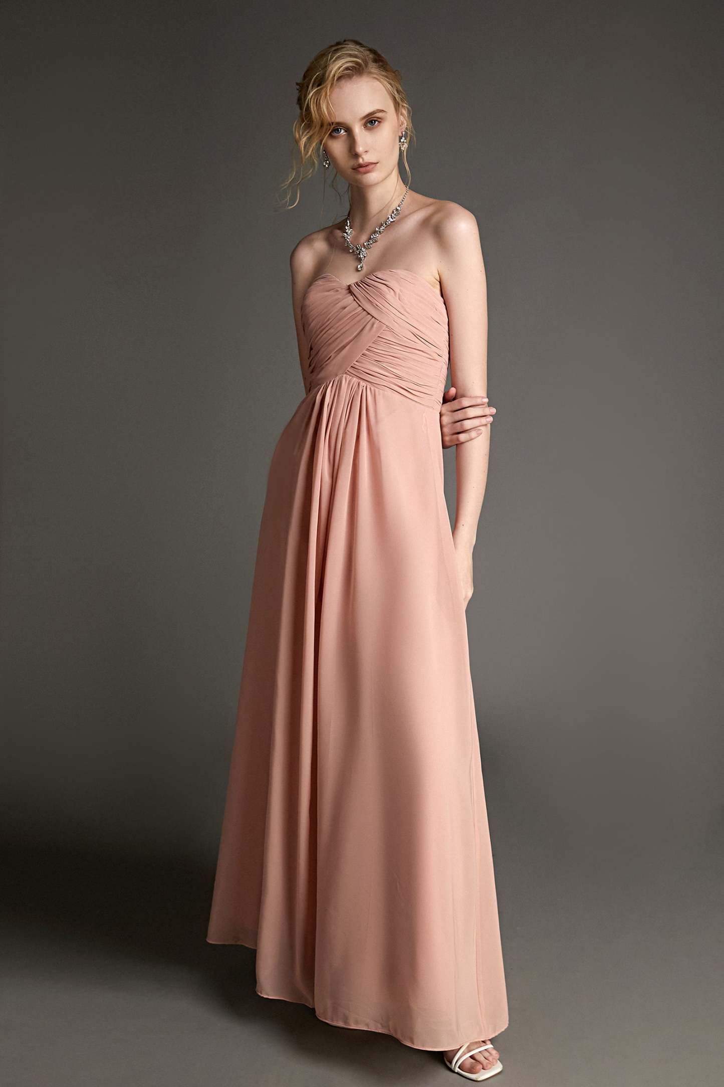 Pink Strapless Pleated Sweetheart Neck Maxi Dress