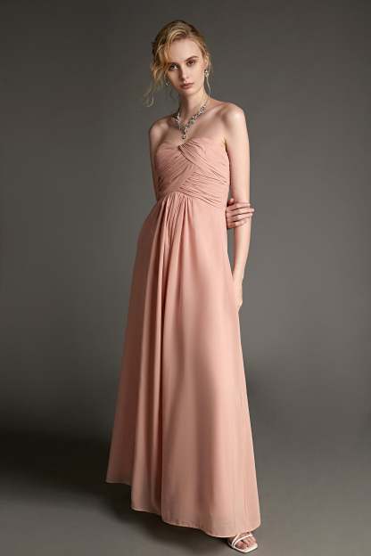Pink Strapless Pleated Sweetheart Neck Maxi Dress