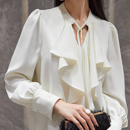 Beige Puffle Front Flounce-Trimmed Long Sleeve Blouse