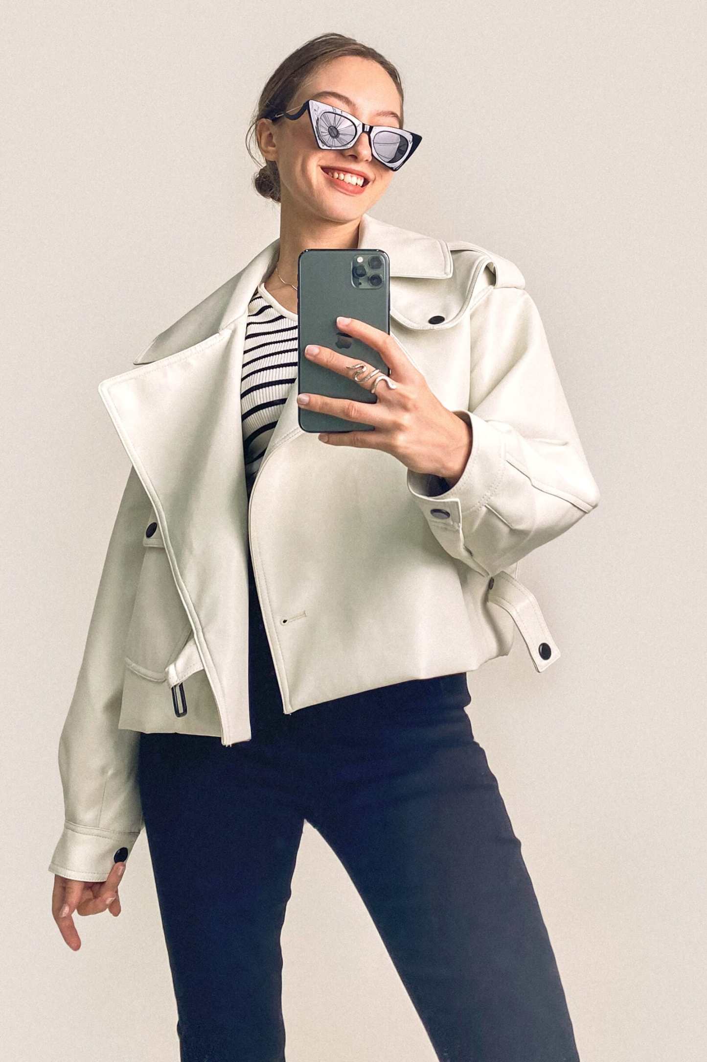 Beige Vegan Leather Pocket Detail Biker Jacket