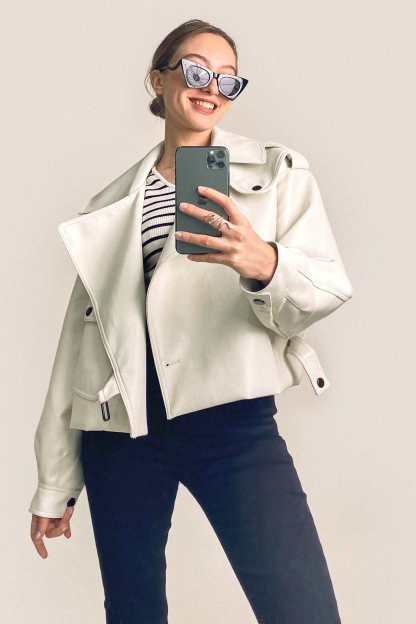 Beige Vegan Leather Pocket Detail Biker Jacket