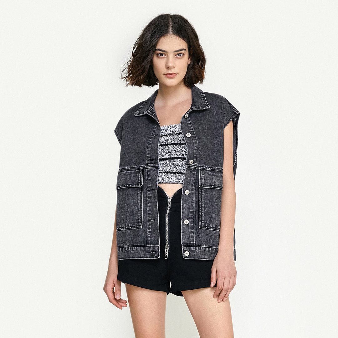 Black Collared Flap Pocket Button Front Denim Vest