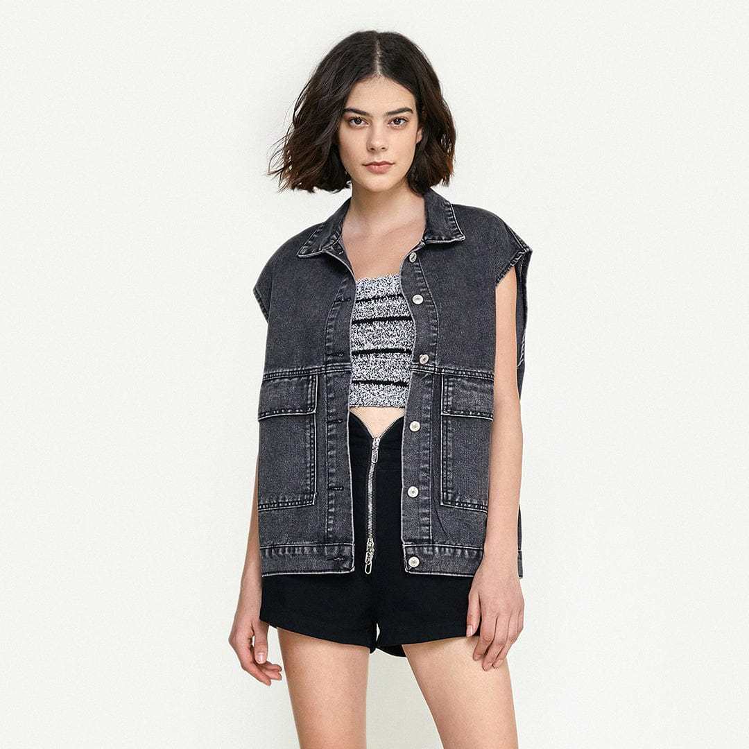 Black Collared Flap Pocket Button Front Denim Vest
