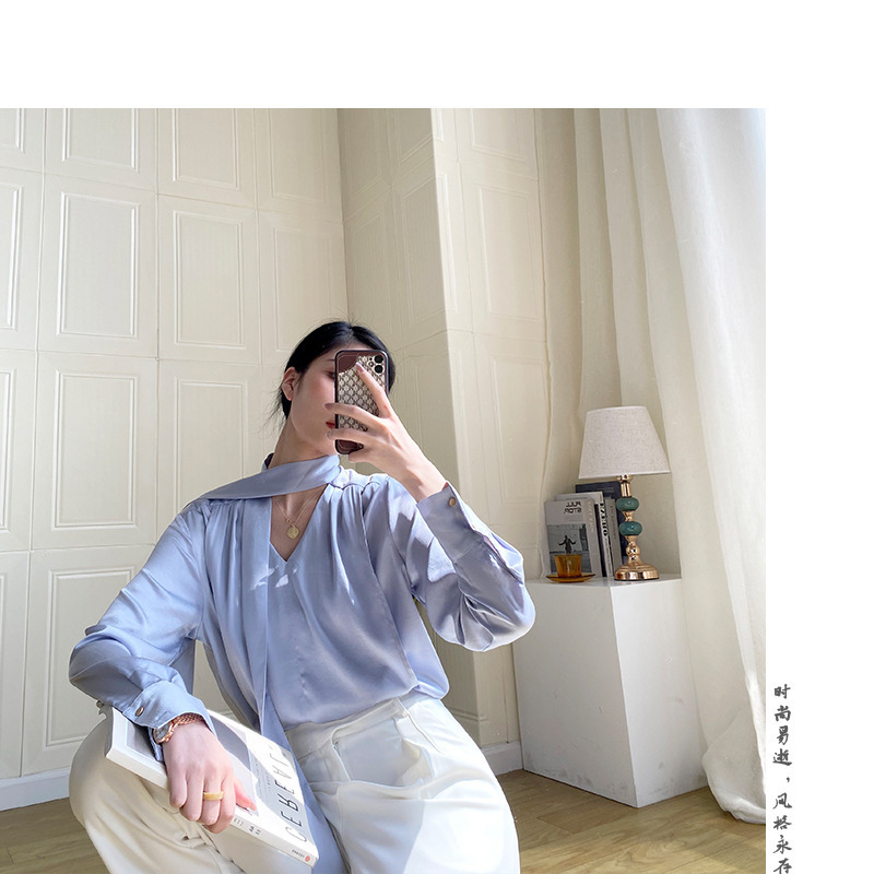 White Tie Neck Satin Blouse