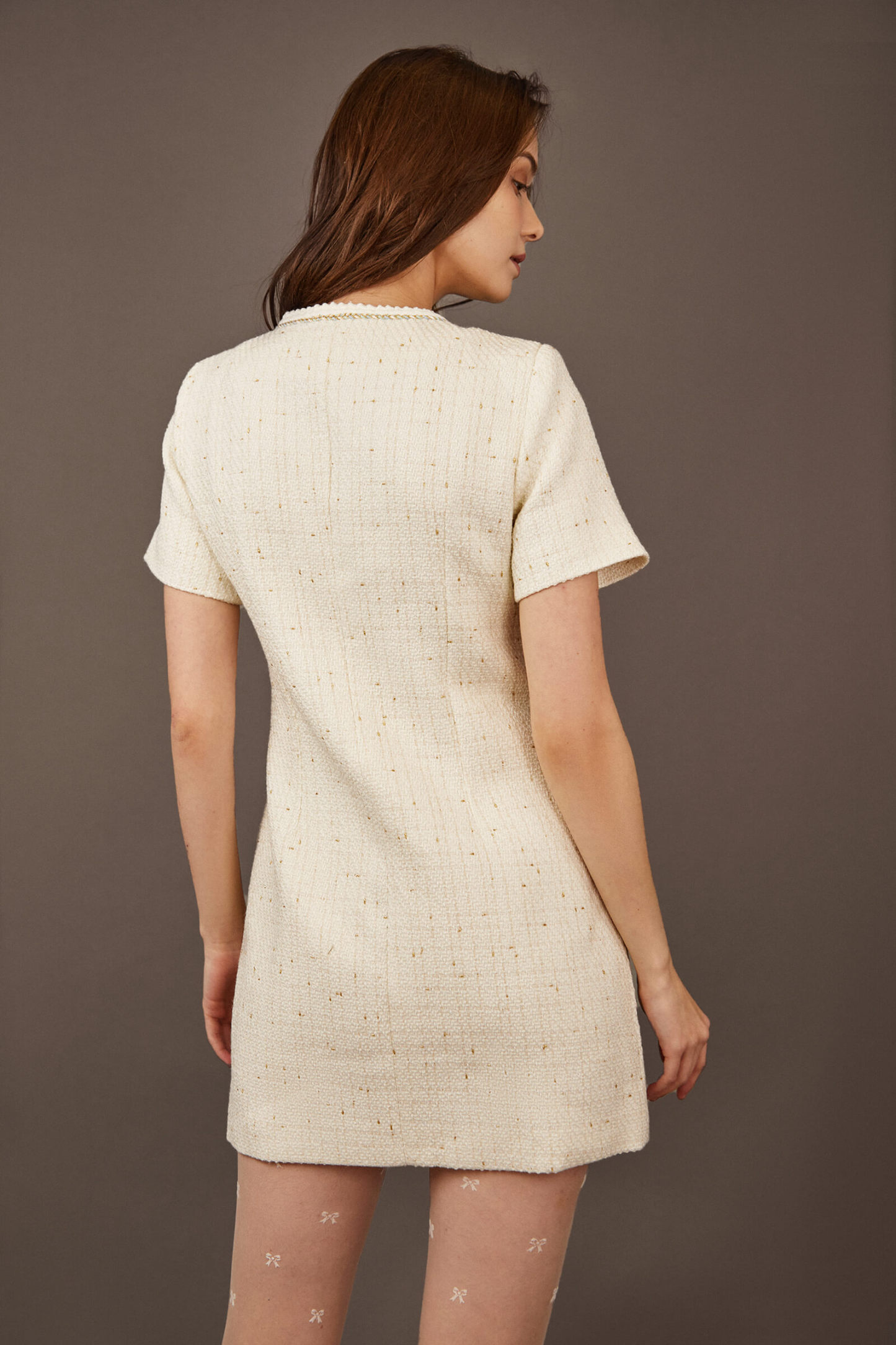 White Faux Pearl Button Mini Dress-J.ING