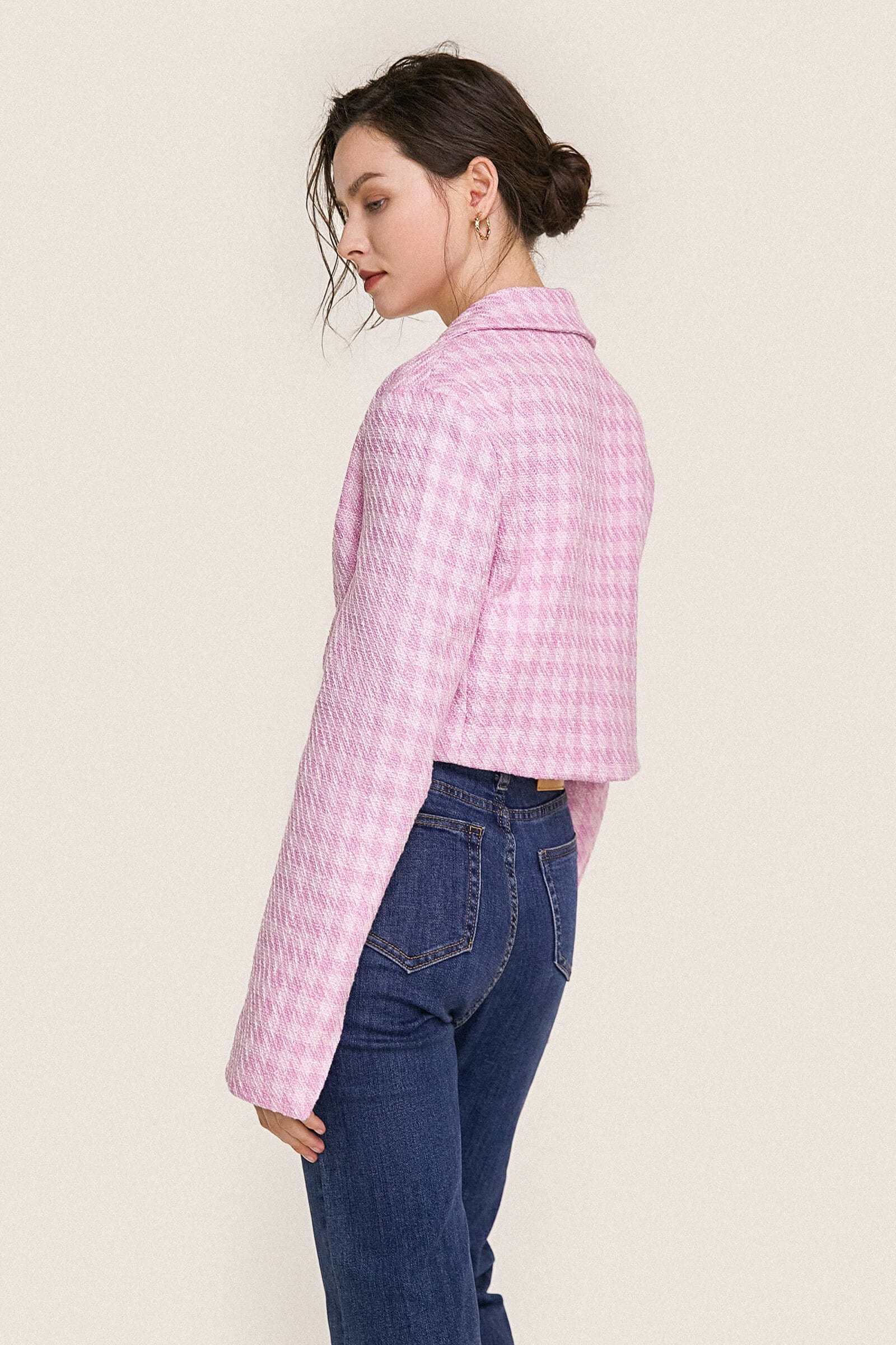 Pink Textured Houndstooth Double-Breasted Cropped Blazer