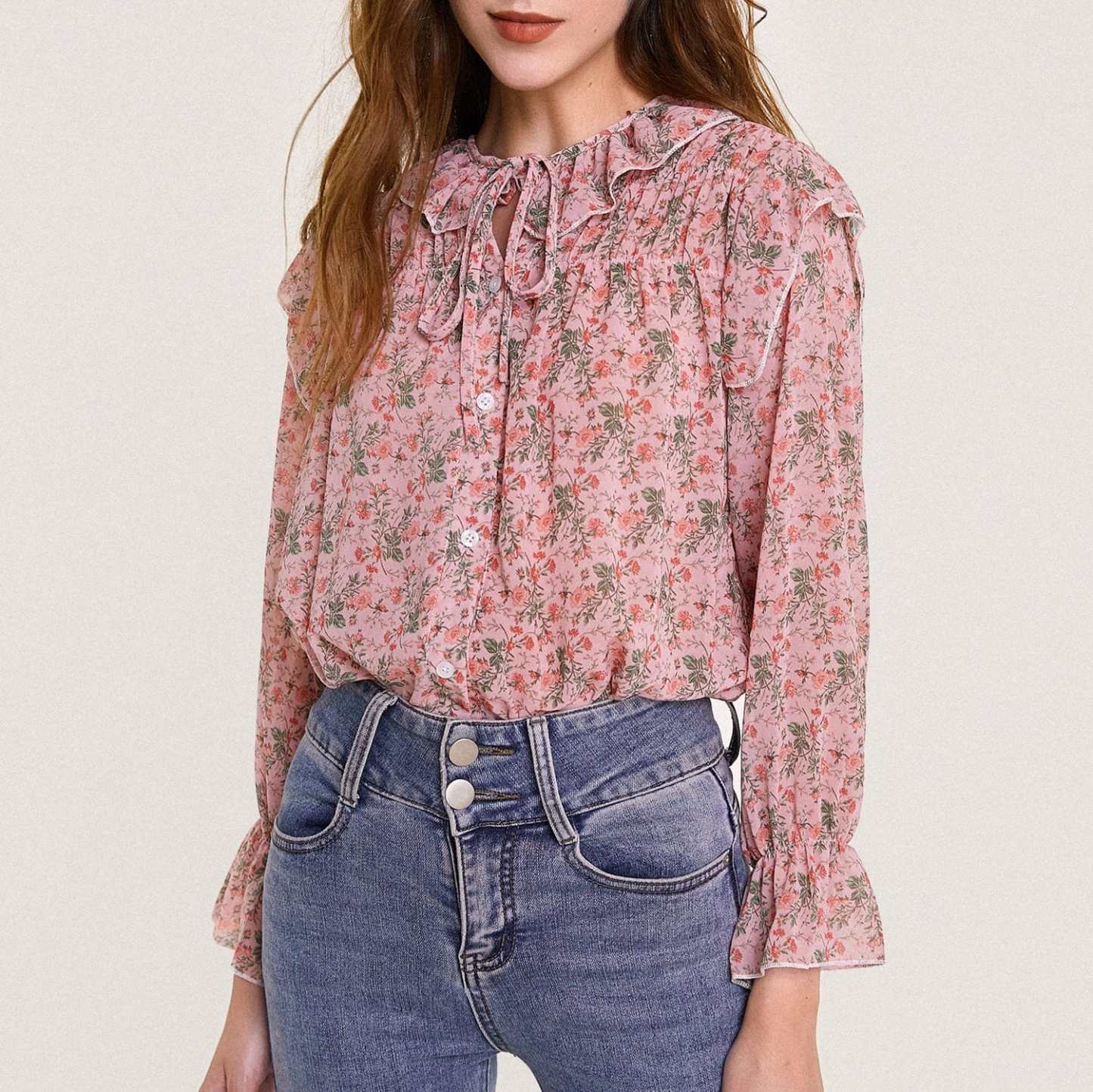 Pink Floral Print Tie Detail Ruffled Chiffon Blouse