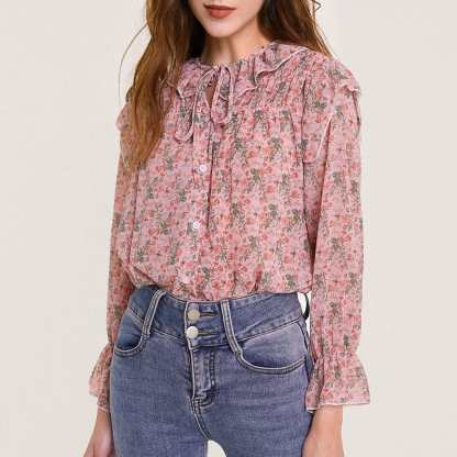 Pink Floral Print Tie Detail Ruffled Chiffon Blouse