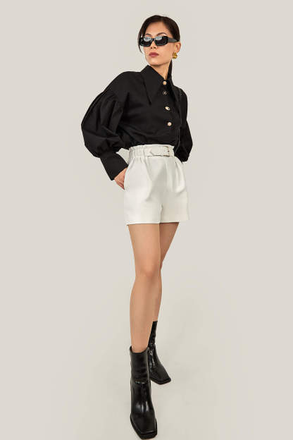 Black Pointed Collar Button Detail Lantern Sleeve Shirt