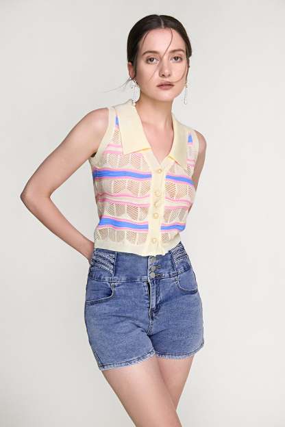 Ivory Striped Button-Up Knitted Collar Vest