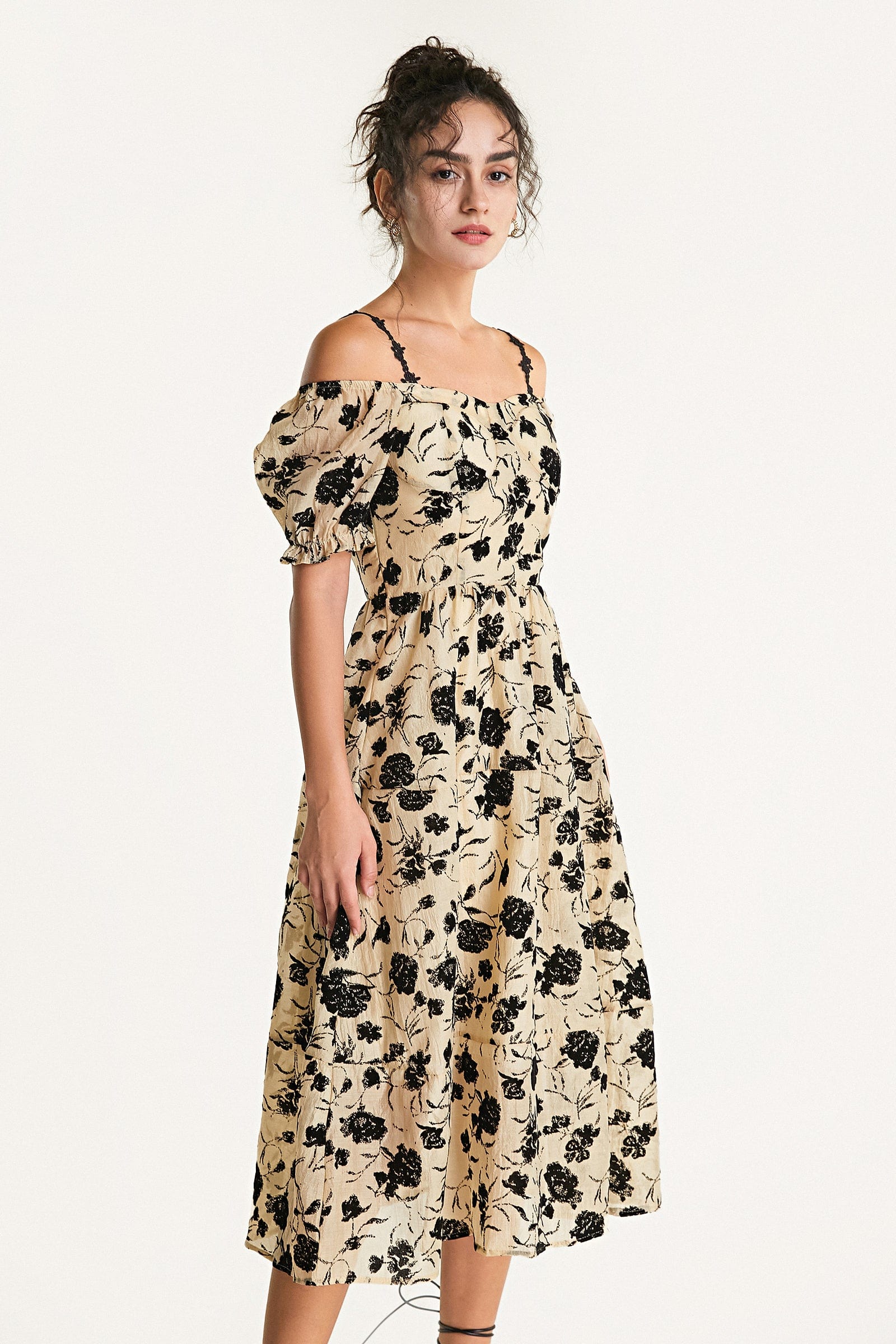 Beige Off-the-Shoulder Velvet Floral Midi Dress