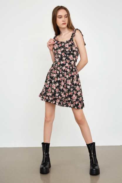 Aiko Black Floral Mini Dress
