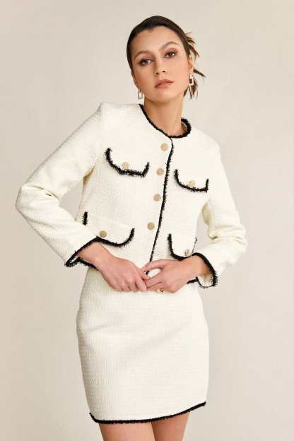 White Contrast Frayed Trim Tweed Jacket & Mini Skirt Two-Piece Set
