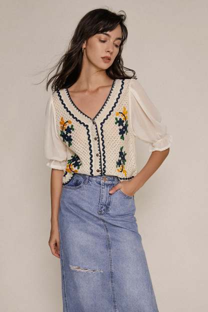 White Floral Embroidery Contrast Trim Cardigan
