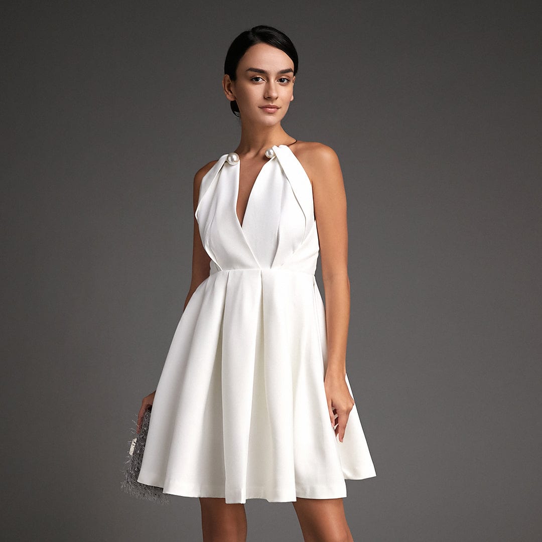 White Sleeveless Metal Ring Halter Mini Dress