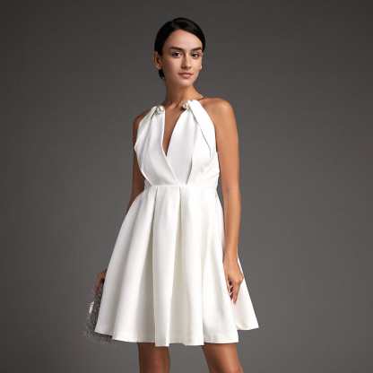 White Sleeveless Metal Ring Halter Mini Dress