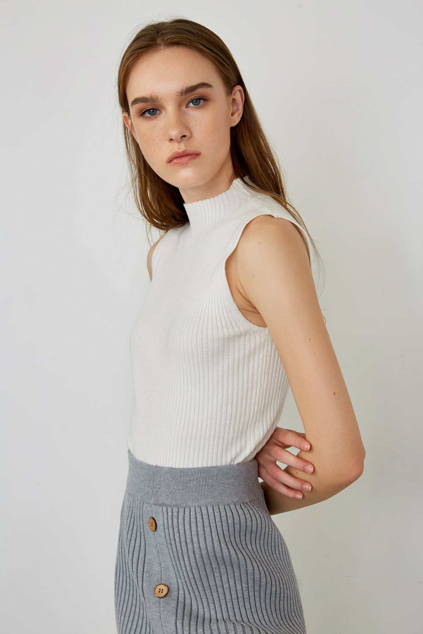 Taryn White High Collar Sleeveless Tank Top