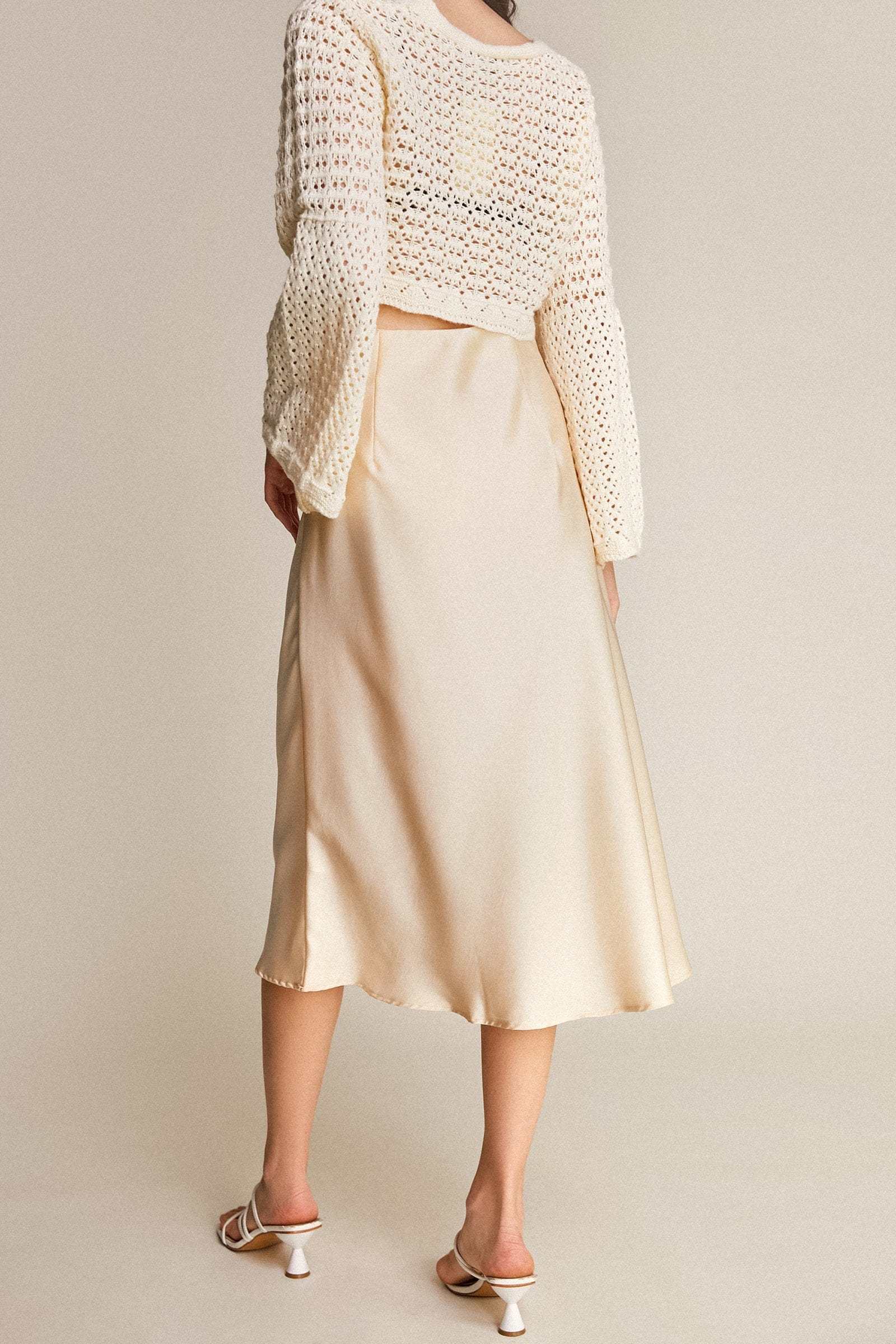 Ivory Satin High Rise A-Line Midi Skirt