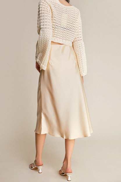 Ivory Satin High Rise A-Line Midi Skirt