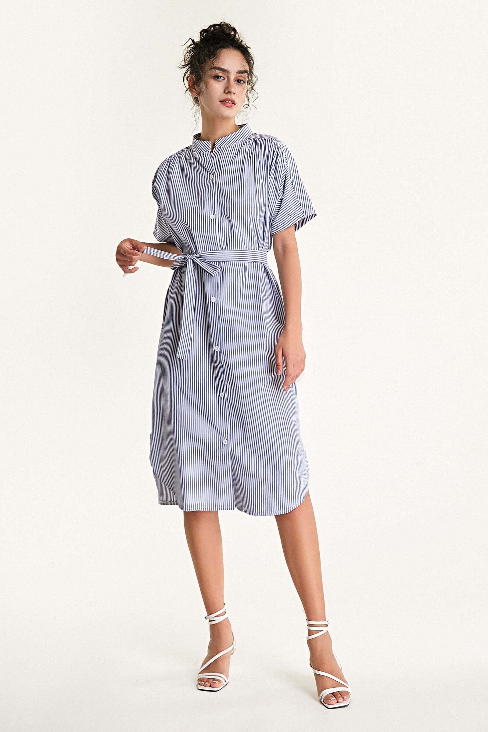 Blue Striped Tie Waist Stand Collar Midi Shirt Dress