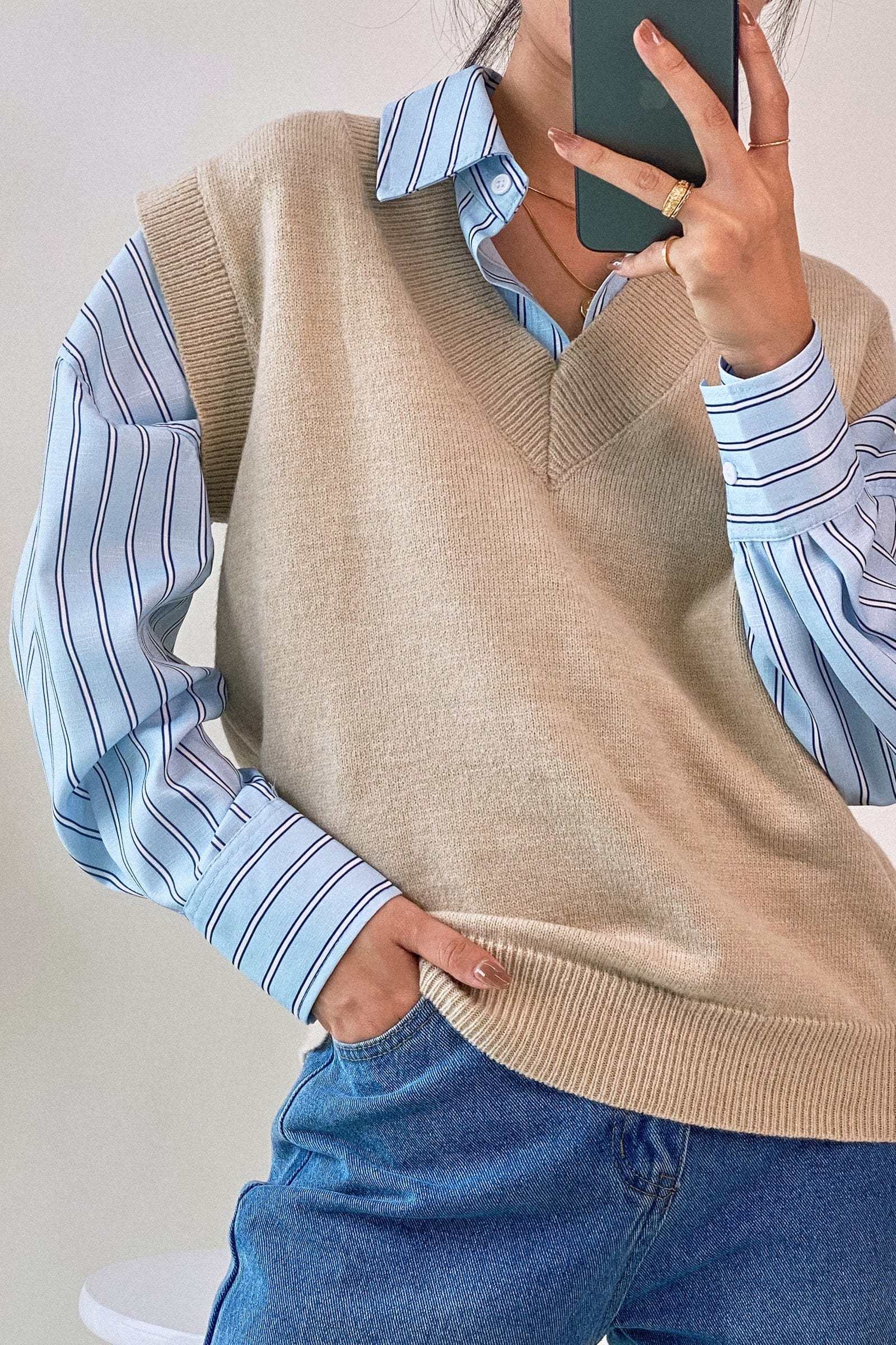 Light Blue Striped Pocket Button-Up Long Sleeve Shirt