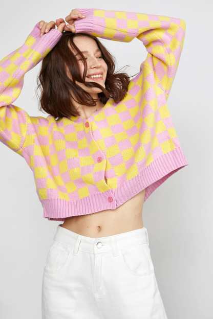 Aniceta Yellow Checkerboard Cardigan