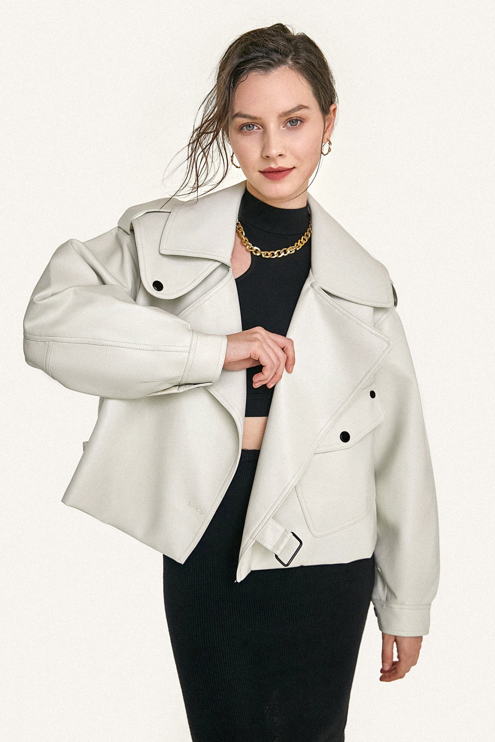 Beige Vegan Leather Pocket Detail Biker Jacket