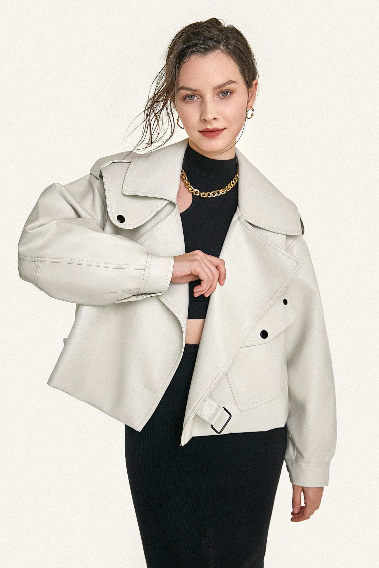 Beige Vegan Leather Pocket Detail Biker Jacket