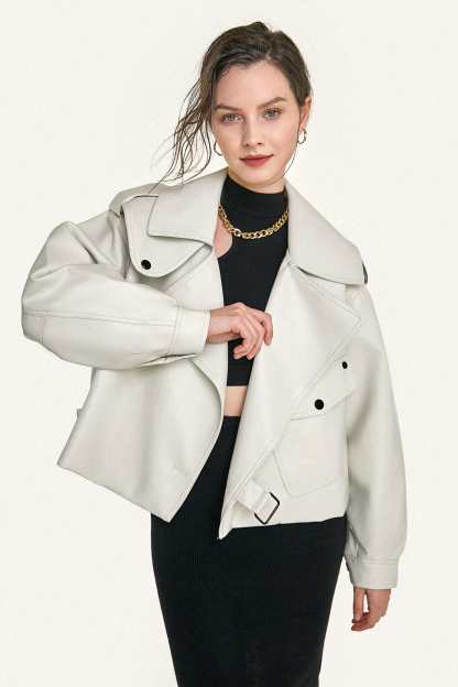 Beige Vegan Leather Pocket Detail Biker Jacket
