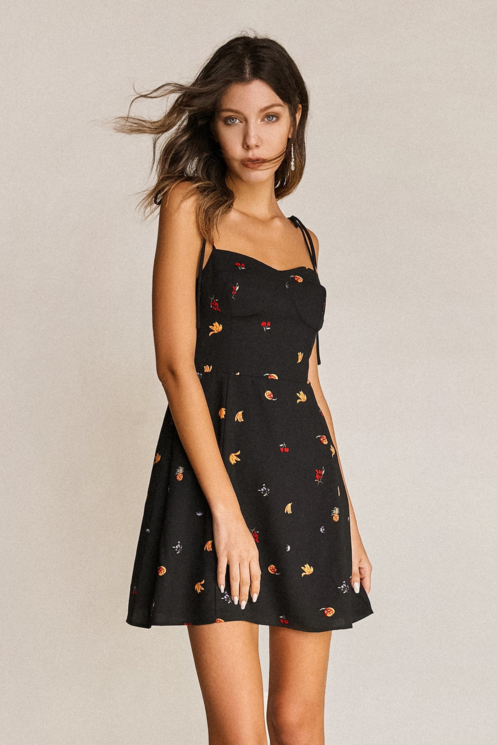 Black Fruit Print Tie Strap Sweetheart Neck Mini Dress