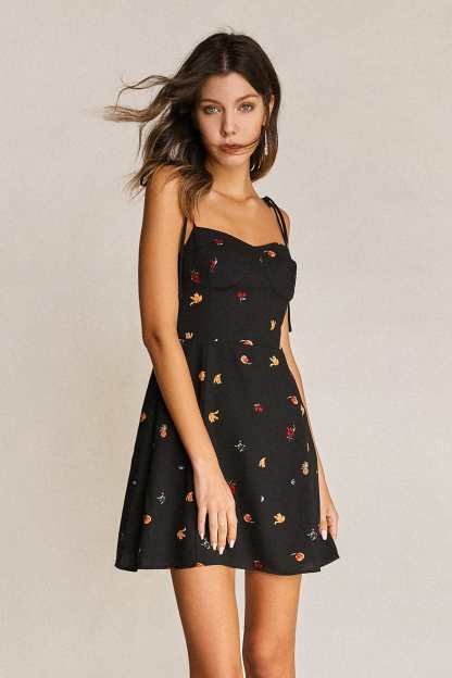 Black Fruit Print Tie Strap Sweetheart Neck Mini Dress