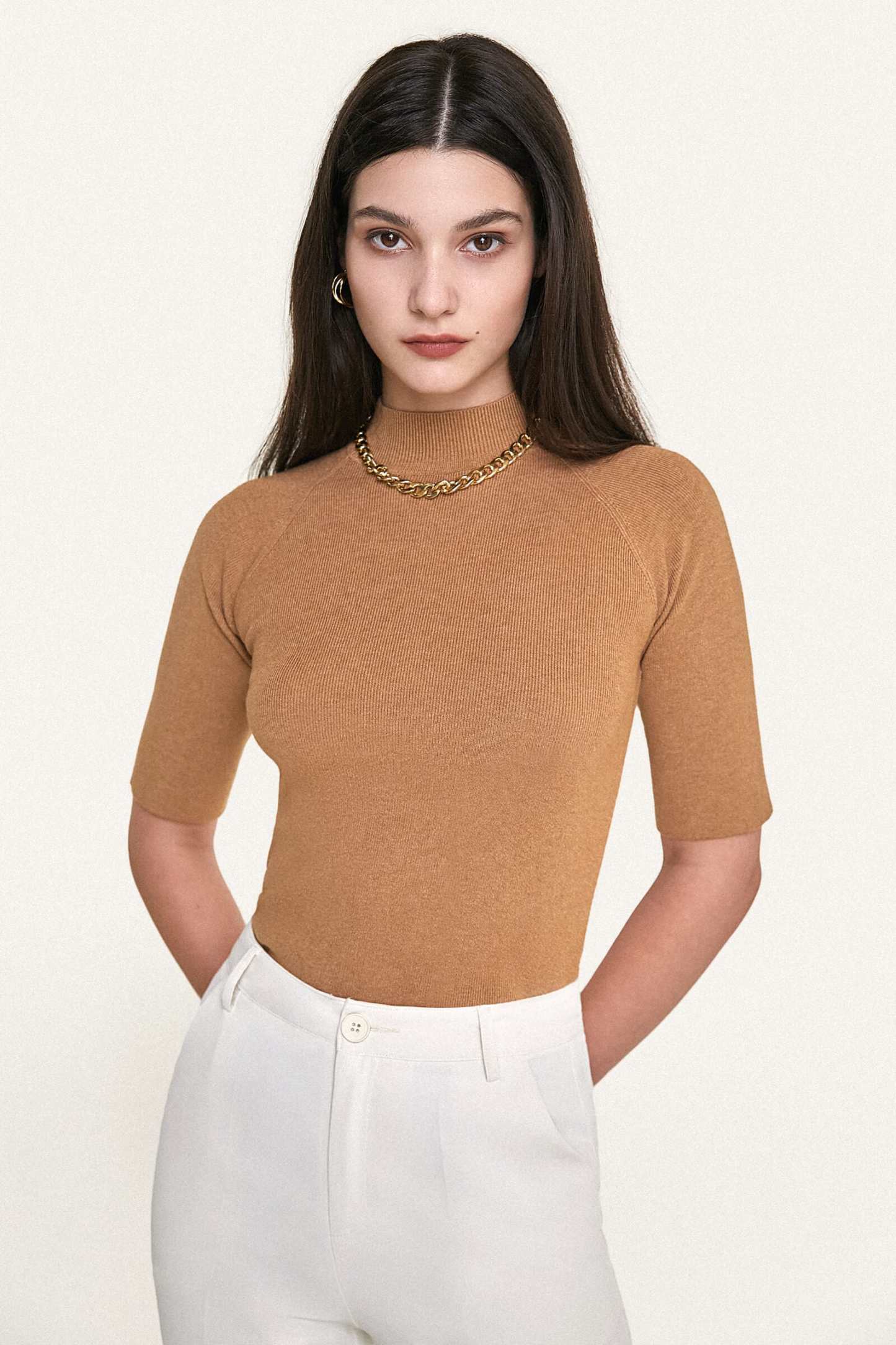 Dark Salmon Mock Neck Short Sleeve Ribbed Knit Sweater Top