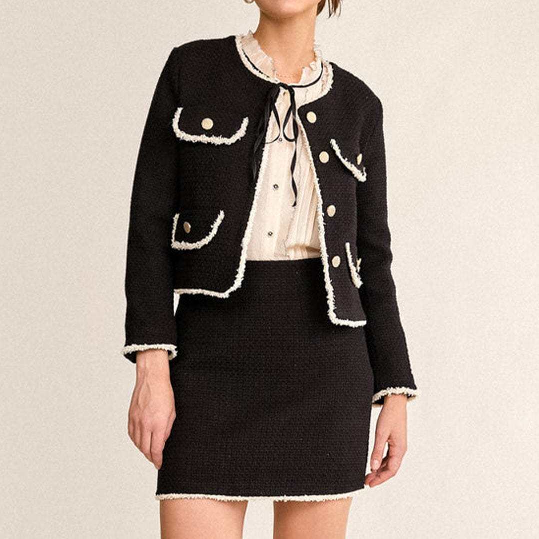 Black Contrast Frayed Trim Tweed Jacket & Mini Skirt Two-Piece Set