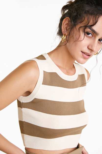 Ivory Striped Crew Neck Rib-Knit Vest