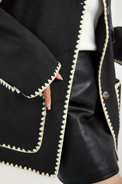 Black Contrast Drop Shoulder Wool-Blend Tweed Coat with Scarf