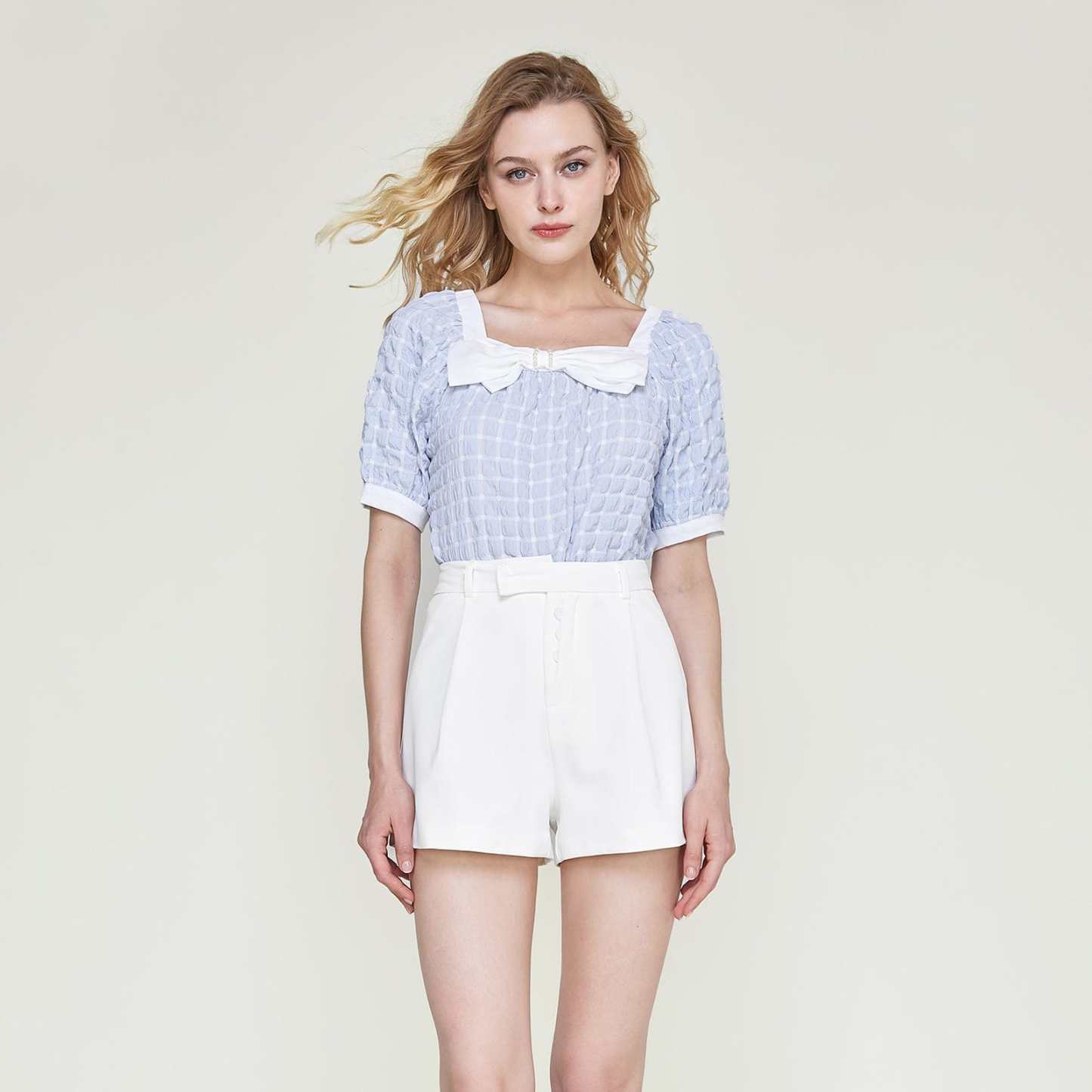 Light Sky Blue Square Neck Bow-Embellished Textured Blouse
