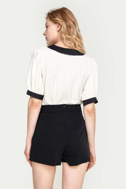Beige Swiss Dot Short Sleeve Blouse