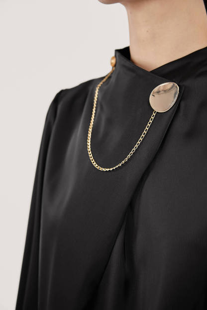 Black Mock Neck Ornamental Lantern Sleeve Blouse