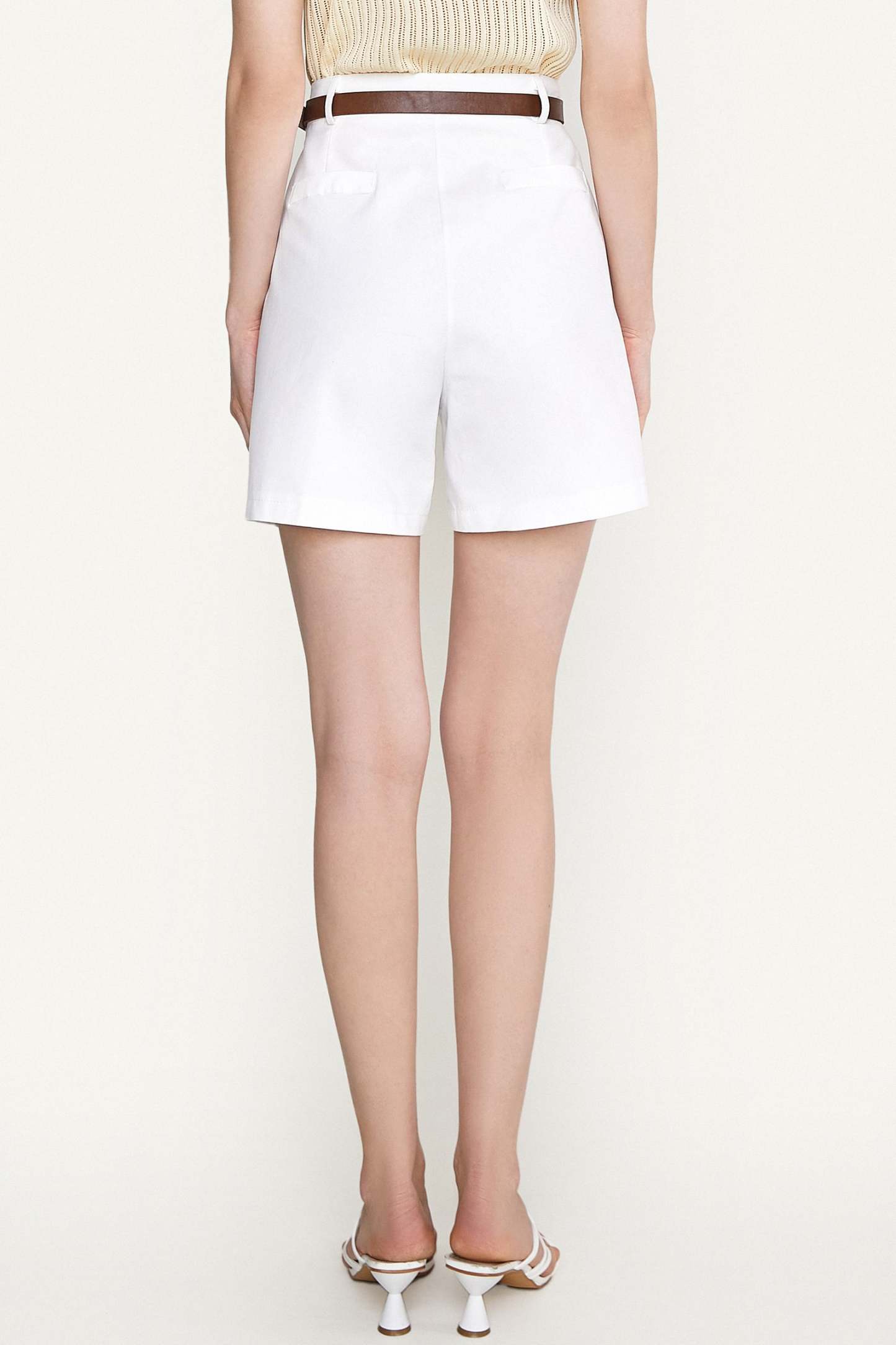 White Belted High Rise Cotton-Blend Shorts