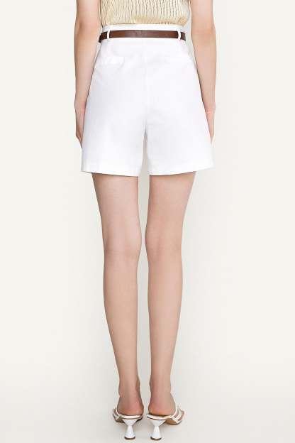 White Belted High Rise Cotton-Blend Shorts